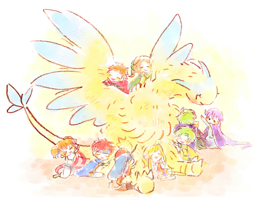 &gt;_&lt; 4boys 6+girls absurdly_long_hair bell-bottoms black_legwear blonde_hair blue_hair boots brown_hair cath_(fire_emblem) chad_(fire_emblem) chibi clarine_(fire_emblem) cloak closed_eyes double_bun dragon fae_(fire_emblem) fire_emblem fire_emblem:_the_binding_blade fluffy green_hair hair_bun hat headband hug kappaman larum_(fire_emblem) light_purple_hair lilina_(fire_emblem) long_hair looking_at_another lugh_(fire_emblem) multiple_boys multiple_girls nintendo open_mouth orange_hair outstretched_arms pants ponytail raigh_(fire_emblem) red_hair robe roy_(fire_emblem) sash short_hair smile sophia_(fire_emblem) spiked_hair triangle_mouth very_long_hair white_legwear