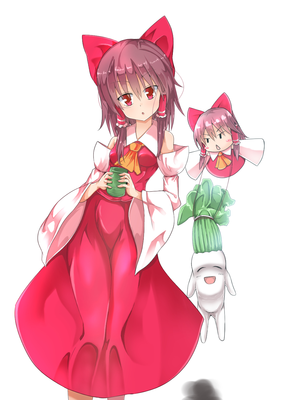 2girls ascot blush bow breasts brown_hair commentary_request cookie_(touhou) cup daikon detached_sleeves dress feet_out_of_frame full_body hair_between_eyes hair_bow hakurei_reimu highres holding holding_cup hyper_muteki_(ningen_no_kuzu) long_hair looking_at_viewer medium_breasts mini_person minigirl multiple_girls open_mouth radish red_bow red_dress red_eyes red_shirt red_skirt reu_(cookie) reu_daikon sakenomi_(cookie) shirt sidelocks simple_background skirt sleeveless sleeveless_shirt sleeves_past_fingers sleeves_past_wrists touhou triangle_mouth white_background white_sleeves yellow_ascot yunomi