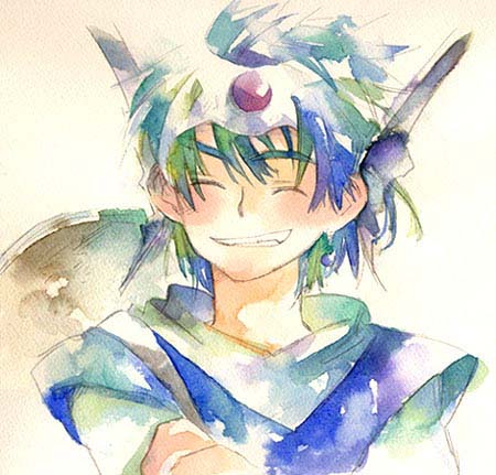 1boy aqua_hair aqua_tunic blue_hair blue_tunic closed_eyes commentary_request crossed_arms dragon_quest dragon_quest_iv earrings fins forehead_protector gem green_hair grin head_fins hero_(dq4) jewelry lowres male_focus migii_(tenra_banshou) multicolored_hair painting_(medium) red_gemstone shield shield_on_back shirt short_hair single_earring smile solo traditional_media tunic upper_body watercolor_(medium) white_shirt