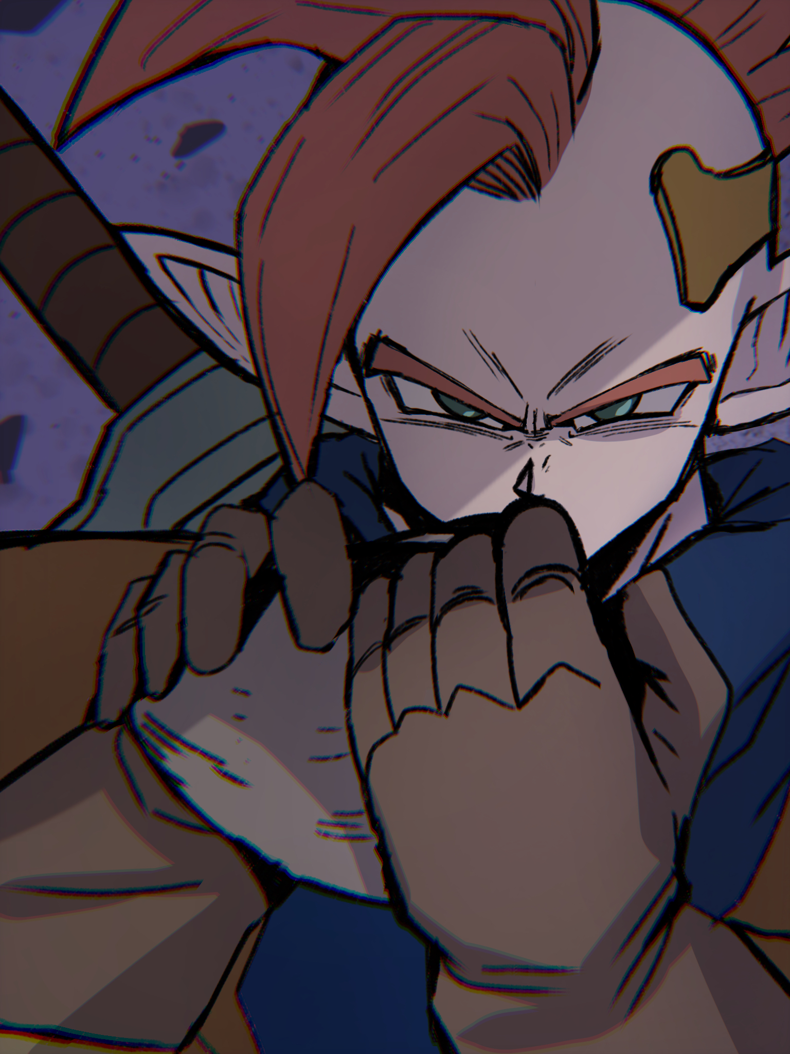 1boy blue_scarf brown_gloves chiro_illust chromatic_aberration colored_skin commentary_request covering_own_mouth dragon_ball dragonball_z gloves gold_headband green_eyes highres holding holding_instrument instrument looking_at_viewer male_focus mohawk music ocarina pink_hair pink_skin playing_instrument pointy_ears purple_background scarf solo sword sword_on_back tapion upper_body weapon weapon_on_back
