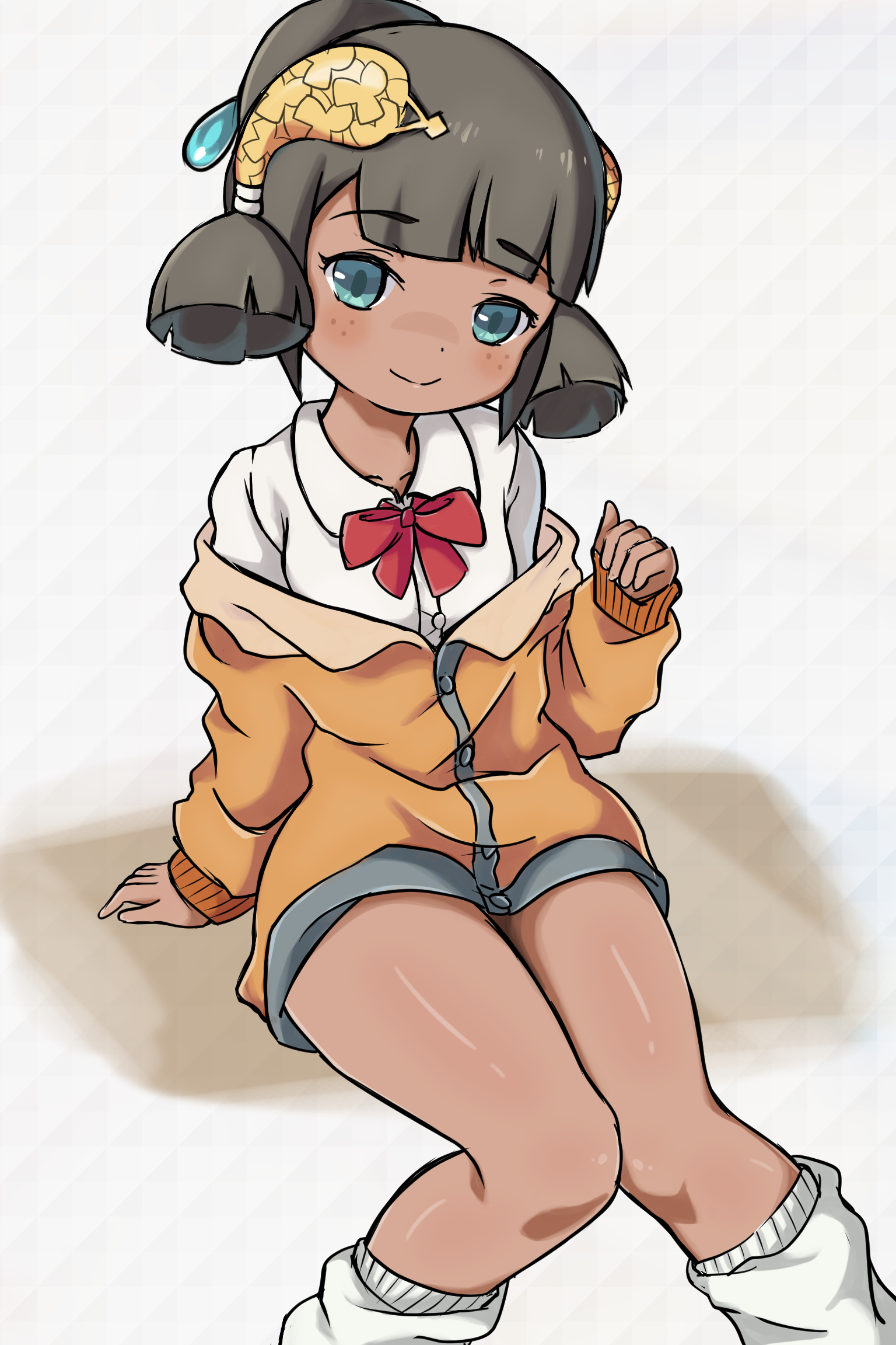 1girl arm_support black_hair blue_eyes blunt_bangs bow brown_sweater closed_mouth commentary fi_nonoa_(world_flipper) freckles grey_background hair_ornament highres leg_warmers long_sleeves looking_at_viewer mwm5 red_bow sitting sleeves_past_wrists solo sweater tan world_flipper