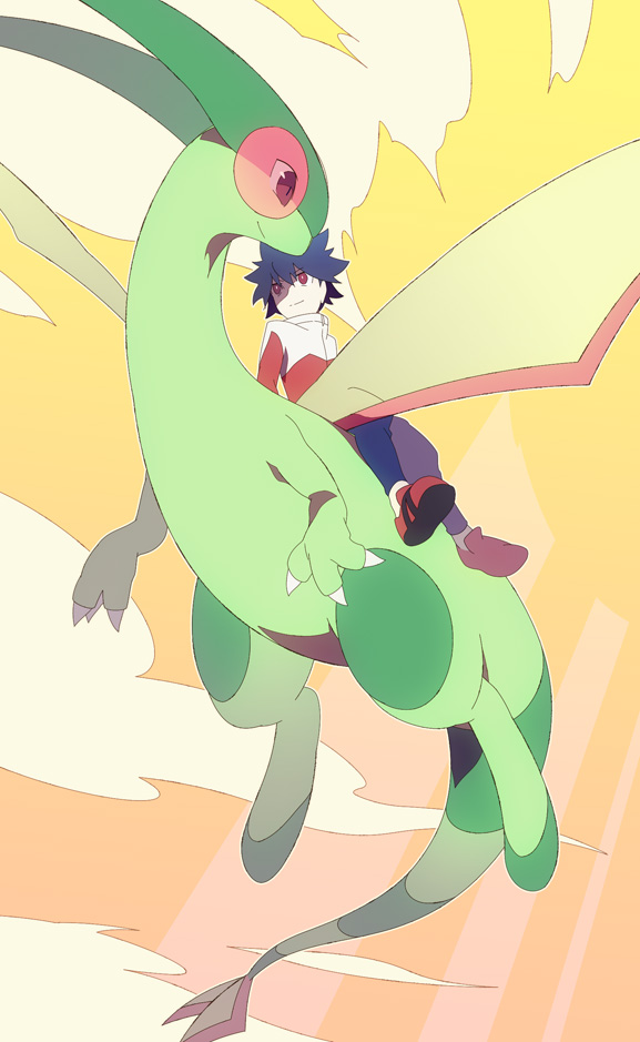 1boy aoaocha claws closed_mouth cloud creatures_(company) flygon full_body game_freak gen_3_pokemon hugh_(pokemon) jacket male_focus nintendo pokemon pokemon_(creature) pokemon_bw2 red_eyes red_jacket red_shoes riding riding_pokemon shoes sidesaddle sky smile spiked_hair yellow_sky