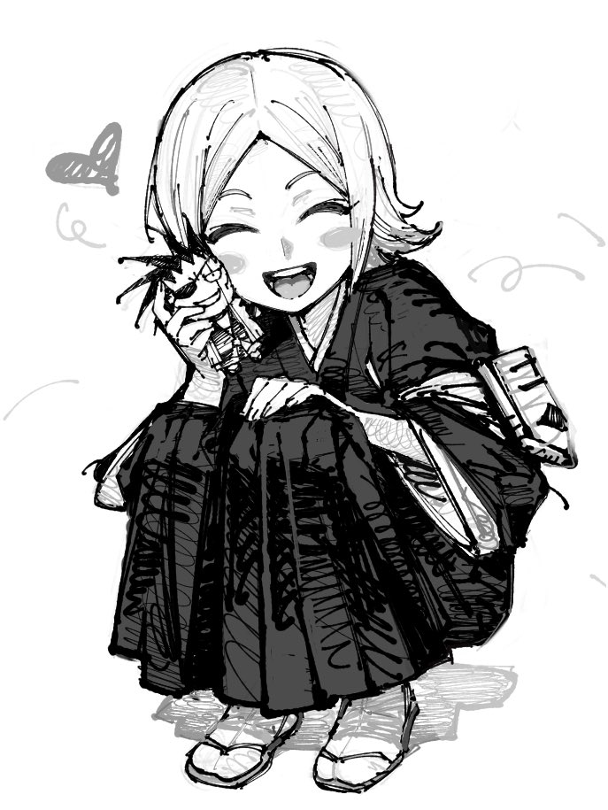 1girl ^_^ badge black_hakama black_kimono bleach blush_stickers character_doll child closed_eyes commentary doll facing_viewer flipped_hair fukutaichou_badge greyscale hakama hand_on_own_knee hand_up happy heart holding holding_doll japanese_clothes kimono knees_up korean_commentary kusajishi_yachiru long_sleeves monochrome open_mouth parted_bangs short_hair simple_background sitting smile solo tabi teeth white_background wide_sleeves yongsa_(y0ngs4) zaraki_kenpachi