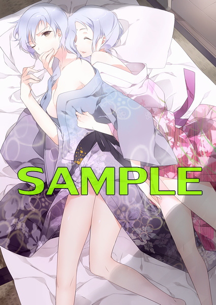 07th_expansion 2girls breasts closed_eyes incest japanese_clothes kimono lying multiple_girls no_naku_koro_ni_(series) on_bed open_clothes pillow sample_watermark short_hair siblings silver_hair sisters smile sumadera_kasumi towa1 umineko_no_naku_koro_ni undressing ushiromiya_kyrie watermark yuri