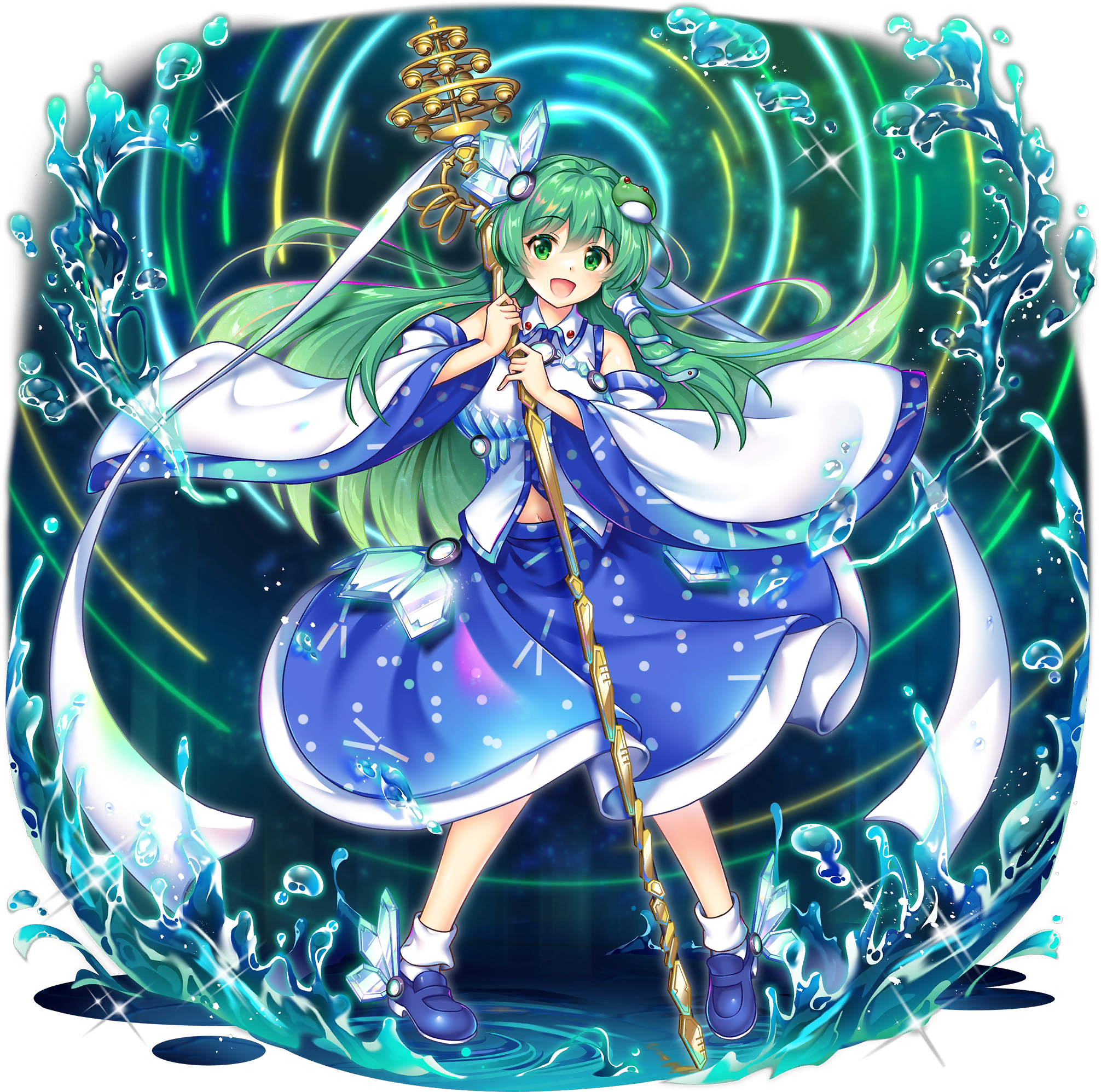 1girl :d adapted_costume bell blue_shoes blue_skirt crystal_hair_ornament detached_sleeves frog_hair_ornament full_body game_cg green_eyes green_hair hair_ornament hair_tubes highres holding holding_staff kochiya_sanae kochiya_sanae_(hand_in_hand_with_a_miracle) long_hair looking_at_viewer official_art open_mouth rotte_(1109) shakujou shoes single_hair_tube skirt smile snake_hair_ornament socks solo staff third-party_source touhou touhou_lostword transparent_background very_long_hair white_socks wide_sleeves