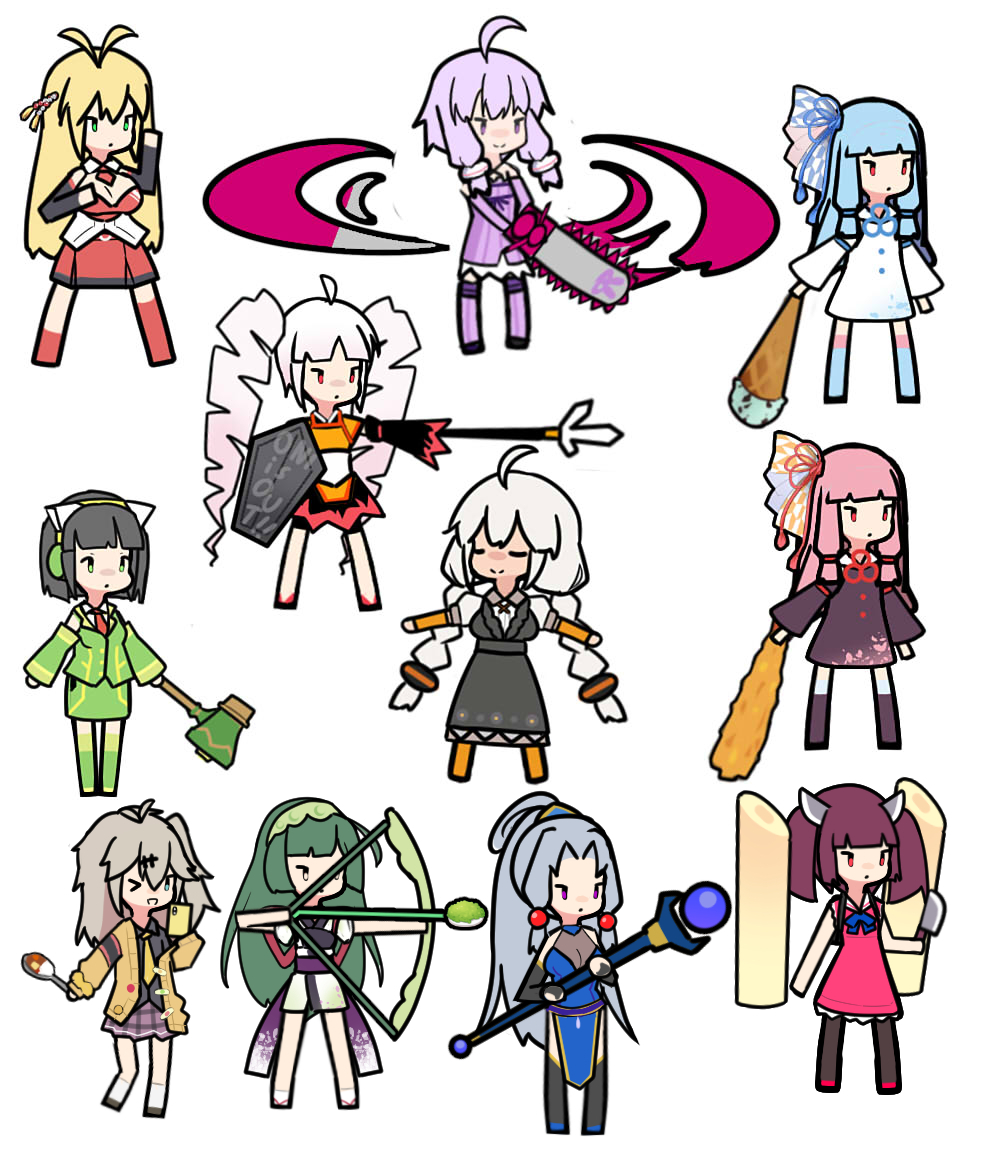 6+girls ahoge axe black_dress black_hair black_pantyhose black_shirt black_sleeves blonde_hair blue_bow blue_bowtie blue_dress blue_eyes blue_hair blue_socks blunt_bangs bow bow_(weapon) bowtie braid brown_dress brown_hair brown_socks cellphone chainsaw chibi closed_eyes closed_mouth commentary_request curry curry_rice detached_sleeves drawing_bow dress drill_hair food full_body green_eyes green_hair green_skirt green_sleeves green_vest grey_hair hair_between_eyes headgear high_ponytail holding holding_axe holding_bow_(weapon) holding_chainsaw holding_ice_cream_cone holding_knife holding_phone holding_polearm holding_shield holding_spoon holding_staff holding_weapon ice_cream ice_cream_cone jacket japanese_clothes kasukabe_tsumugi kimono kiritanpo_(food) kitchen_knife kizuna_akari knife kotonoha_akane kotonoha_aoi kyoumachi_seika long_dress long_hair mage_staff makai_penguin medium_hair mint_chocolate mint_chocolate_(razschi) multiple_girls necktie one_eye_closed one_side_up open_mouth orange_socks pantyhose parted_bangs phone pink_dress pink_hair plaid_clothes plaid_skirt polearm ponytail purple_skirt rabbit_and_steel red_eyes red_necktie rice shield shirt short_hair shrimp shrimp_tempura simple_background skirt skirt_set sleeveless sleeveless_shirt smartphone smile socks spoon staff tempura touhoku_itako touhoku_kiritan touhoku_zunko trident tsuina-chan tsurumaki_maki twin_braids twin_drills twintails vest vocaloid voiceroid voicevox weapon white_background white_dress white_hair white_kimono yellow_jacket yellow_necktie yuzuki_yukari zunda_mochi