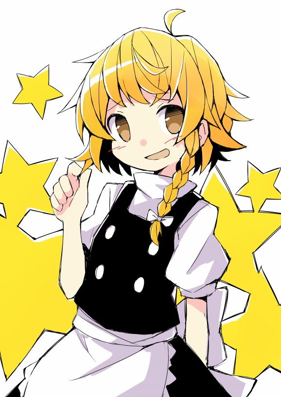1girl apron arm_behind_back asameshi back_bow black_skirt black_vest blonde_hair blush bow braid commentary female_focus hair_bow hand_up holding holding_own_hair kirisame_marisa looking_at_viewer no_headwear open_mouth shirt short_hair_with_long_locks short_sleeves single_braid skirt solo star_(symbol) touhou turtleneck upper_body vest waist_apron white_background white_shirt yellow_eyes