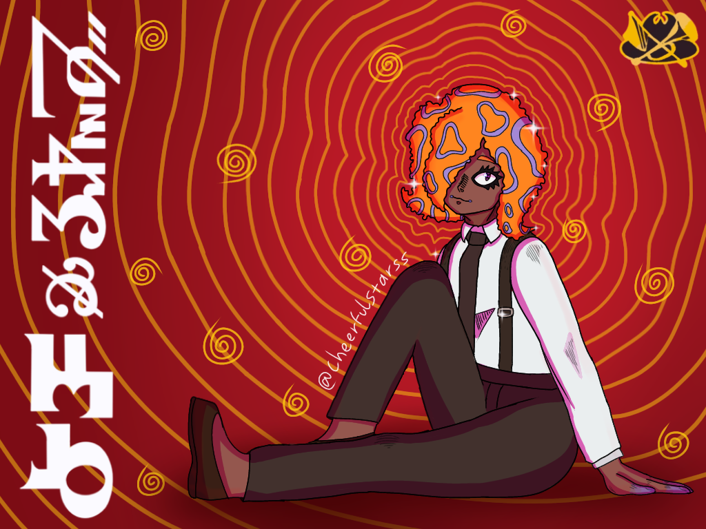 1girl black_footwear black_necktie black_pants black_suspenders cheerfulstarss collared_shirt hair_over_one_eye long_sleeves looking_at_viewer necktie nintendo orange_hair pants patterned_hair red_background shirt sitting smile solo sparkle spiral splatoon_(series) splatoon_3 tao_blu tentacle_hair white_shirt wide_shot