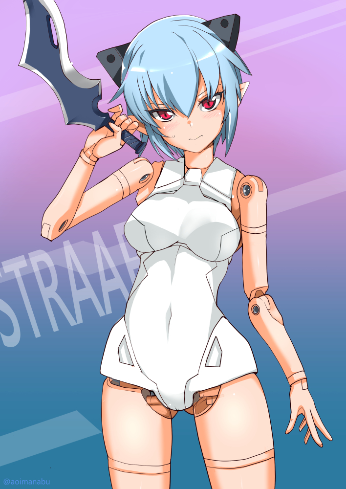1girl aoi_manabu bare_legs bare_shoulders blue_hair breasts busou_shinki character_name closed_mouth covered_navel cowboy_shot doll_joints hair_between_eyes holding holding_sword holding_weapon joints looking_at_viewer medium_breasts pointy_ears red_eyes short_hair sidelocks solo standing strarf sword weapon