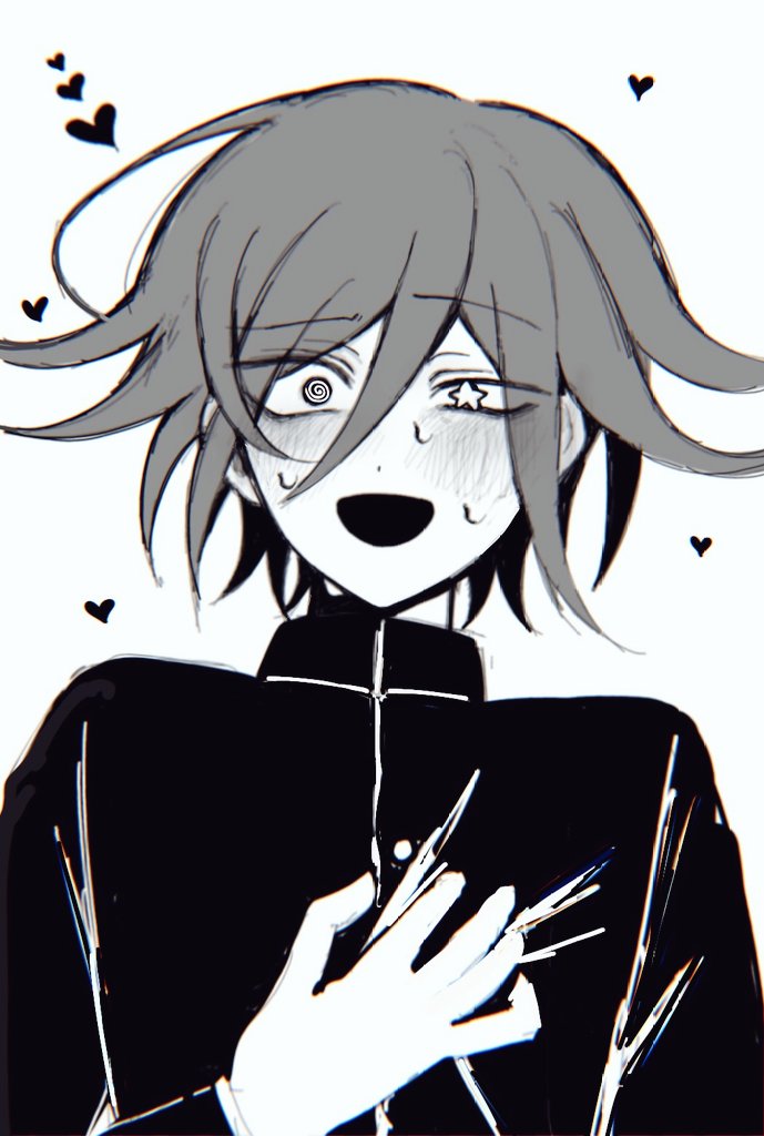 1boy @_@ aro_a blush buttons clutching_chest commentary crazy_eyes danganronpa_(series) danganronpa_v3:_killing_harmony flipped_hair gakuran greyscale hair_between_eyes half-closed_eye heart long_sleeves looking_at_viewer male_focus mismatched_pupils monochrome oma_kokichi open_mouth school_uniform short_hair simple_background solo star-shaped_pupils star_(symbol) sweat symbol-shaped_pupils upper_body