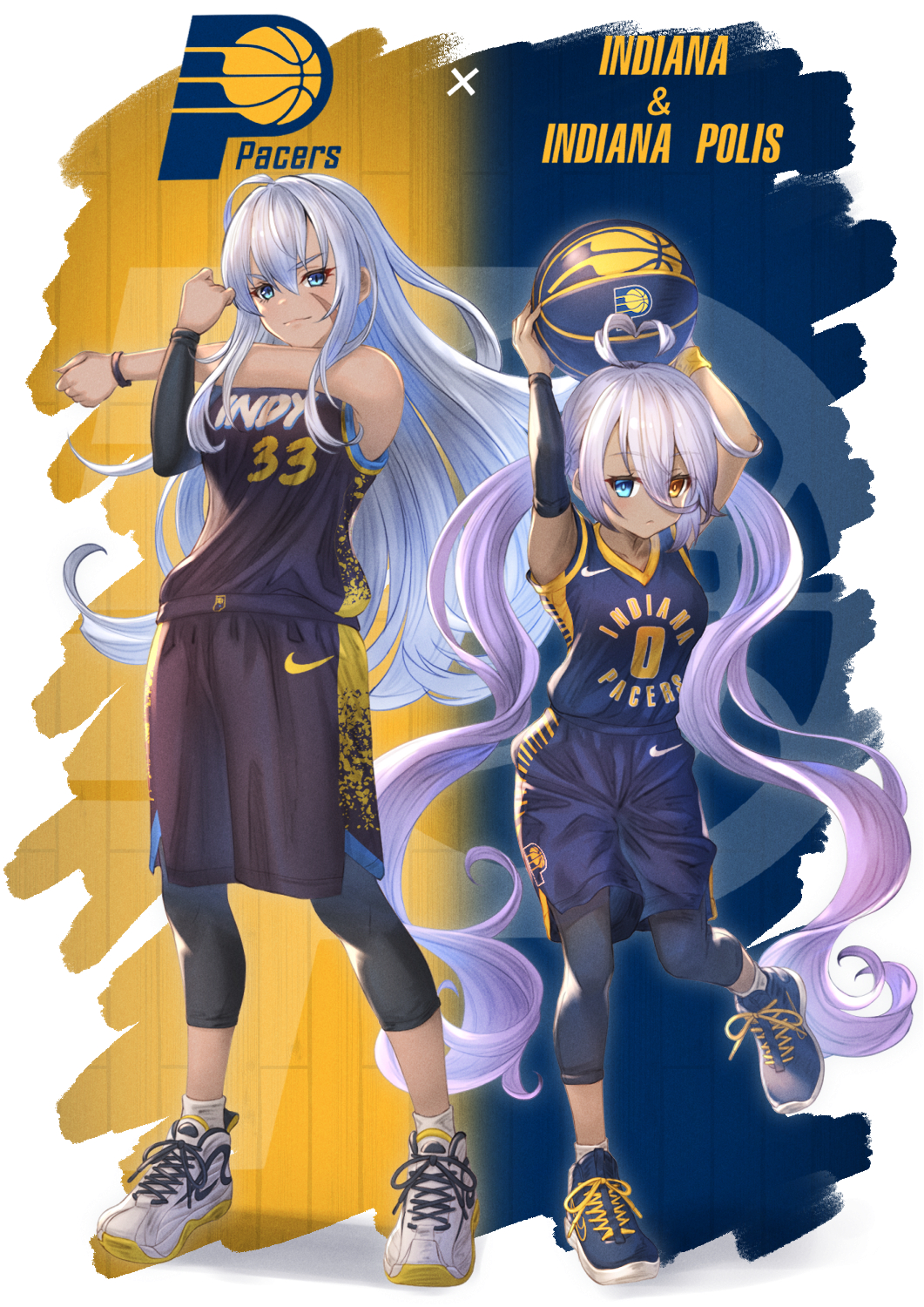 2girls ahoge alternate_costume arms_up azur_lane ball basketball basketball_(object) basketball_uniform black_shorts black_tank_top blue_eyes blue_shoes breasts closed_mouth commentary_request compression_sleeve cross-body_stretch dark-skinned_female dark_skin expressionless facial_scar full_body hair_between_eyes heart heart_ahoge heterochromia highres holding indiana_(azur_lane) indiana_pacers indianapolis_(azur_lane) leggings long_bangs long_hair looking_at_viewer medium_breasts multiple_girls national_basketball_association pink_hair playing_sports scar scar_on_cheek scar_on_face shoes shorts smile sneakers sportswear tank_top twintails very_long_hair white_hair white_shoes yakkuro yellow_eyes