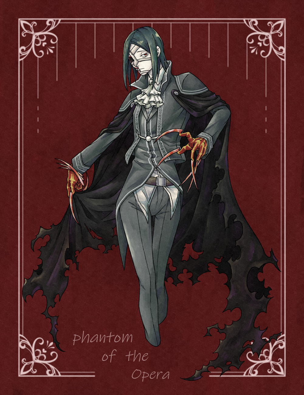 1boy ascot bags_under_eyes bandages black_cape blood bloody_bandages cape character_name claws cropped_legs fate/grand_order fate_(series) grey_hair highres long_sleeves looking_at_viewer male_focus phantom_of_the_opera_(fate) red_background shiikuru short_hair solo white_ascot