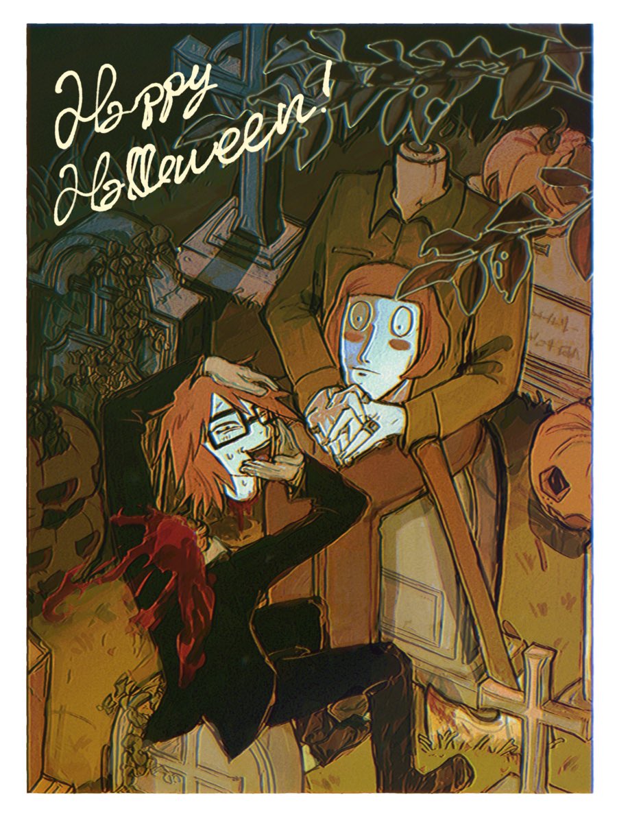 2boys axe black_coat bleeding blood brothers brown_hair coat commentary disembodied_head english_commentary english_text glasses graveyard green_shirt halloween happy_halloween highres holding_detached_head jack-o&#039;-lantern jewelry looking_at_viewer looking_back luther_von_ivory male_focus milkymilkyshark multiple_boys multiple_rings outdoors randal&#039;s_friends randal_ivory ring self-harm shirt short_hair siblings sitting tombstone