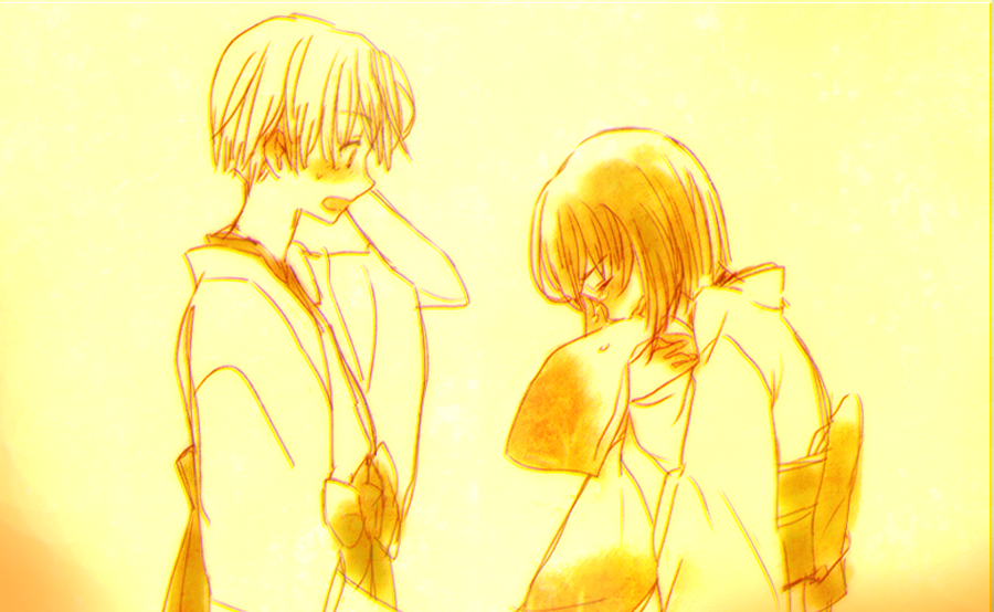 1boy 1girl blush bob_cut brown_hair choker crying hakama happy_tears hugging_object ichinomiya_kantarou japanese_clothes kimono kosode noritamako sepia short_hair surprised tactics tears white_hair youko_(tactics)