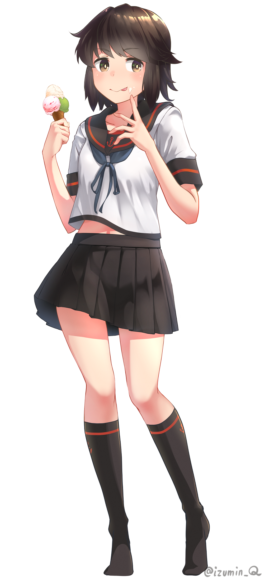 1girl black_hair black_skirt black_socks brown_hair food food_on_face full_body highres holding holding_food holding_ice_cream holding_ice_cream_cone ice_cream ice_cream_cone izumikuma kantai_collection licking_lips miniskirt miyuki_(kancolle) miyuki_kai_ni_(kancolle) pleated_skirt school_uniform serafuku short_hair short_sleeves skirt socks solo tongue tongue_out