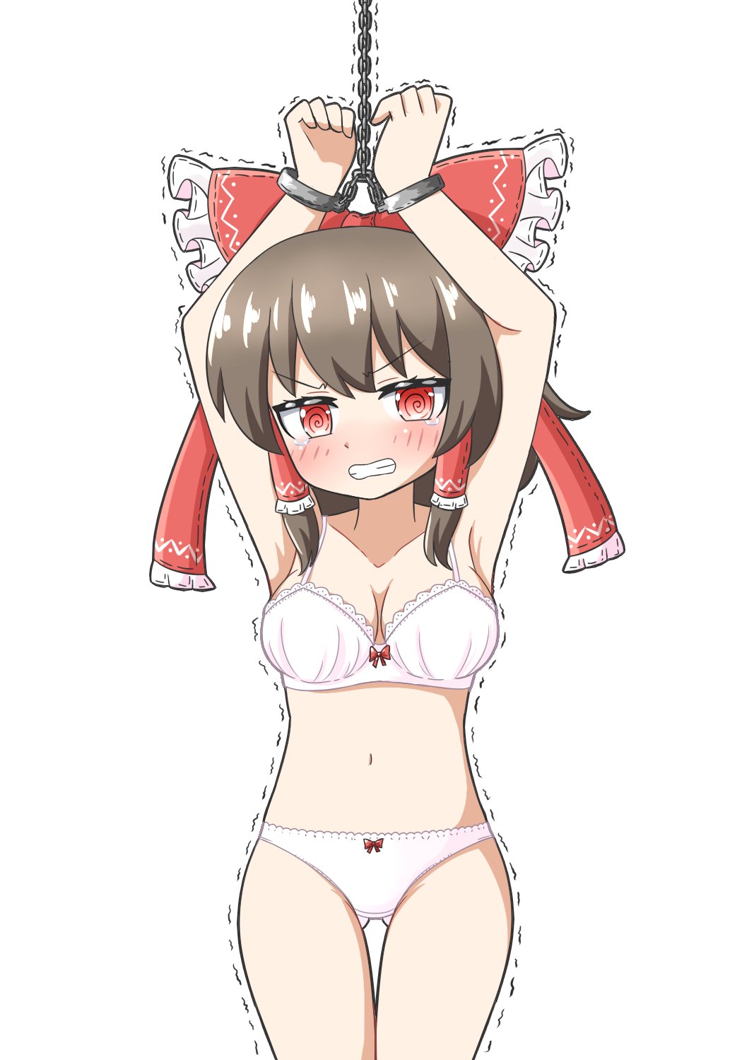 1girl @_@ alternate_costume armpits bdsm blush bondage bound bow bra breasts brown_hair chain cleavage clenched_teeth commentary cuffs frilled_bow frilled_hair_tubes frills hair_bow hair_tubes hakurei_reimu handcuffs highres long_hair looking_at_viewer medium_breasts panties pink_bra pink_panties red_eyes bow_panties simple_background solo tears teeth touhou trembling underwear underwear_only white_background zenji029