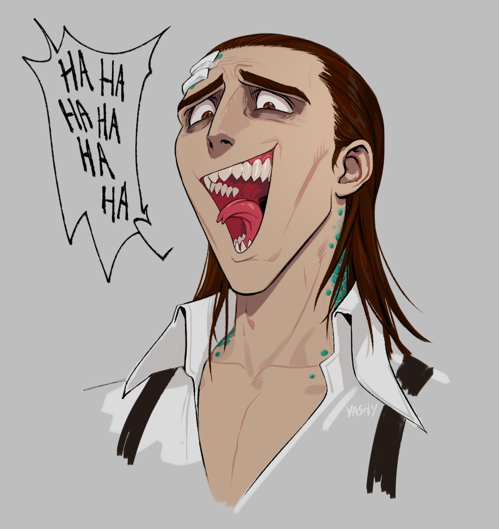 1boy brown_hair forked_tongue green_scales headshot identity_v laughing long_hair luchino_(identity_v) luchino_diruse open_mouth sharp_teeth shirt solo speech_bubble suspenders teeth tongue tongue_out white_shirt