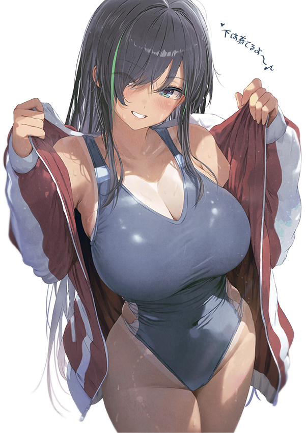 1girl black_hair blue_eyes blue_one-piece_swimsuit blush breasts collarbone competition_swimsuit covered_navel dark_skin green_hair hair_between_eyes hair_over_one_eye highleg highleg_one-piece_swimsuit huge_breasts jacket kurono_mitsuki long_hair long_sleeves looking_at_viewer multicolored_hair multicolored_swimsuit one-piece_swimsuit one-piece_tan open_clothes open_jacket original smile solo standing streaked_hair swimsuit tan tanline track_jacket two-tone_one-piece_swimsuit two-tone_swimsuit white_one-piece_swimsuit