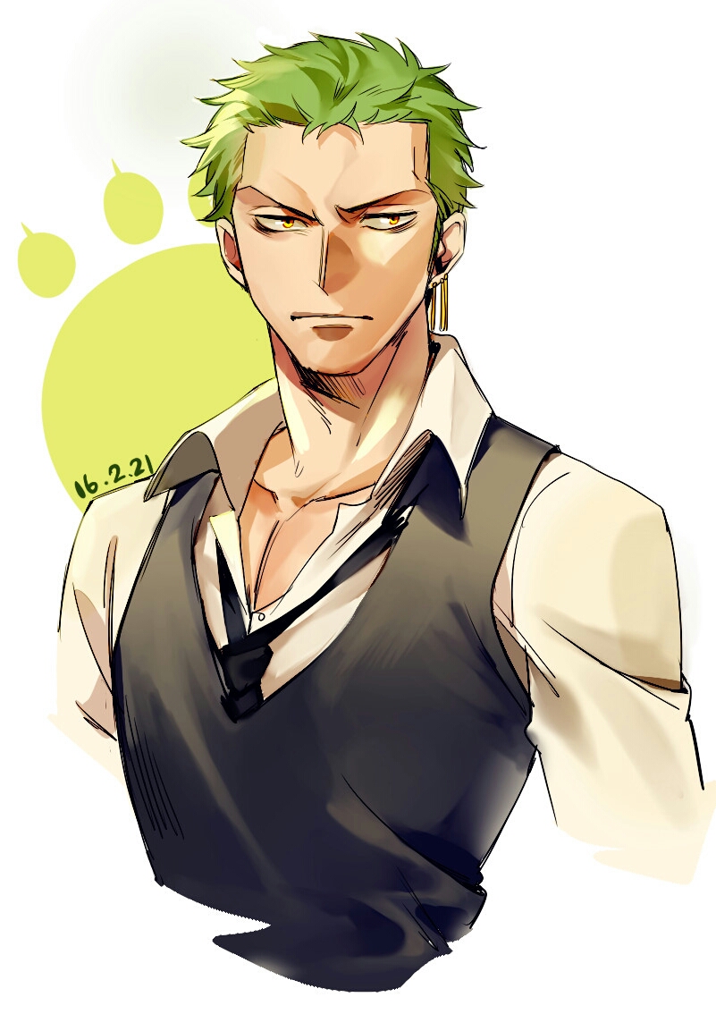 1boy alternate_costume black_necktie closed_mouth commentary dated earrings english_commentary green_hair jewelry male_focus necktie one_piece roronoa_zoro shirt short_hair single_earring solo tobu_(bilibil) white_shirt yellow_eyes