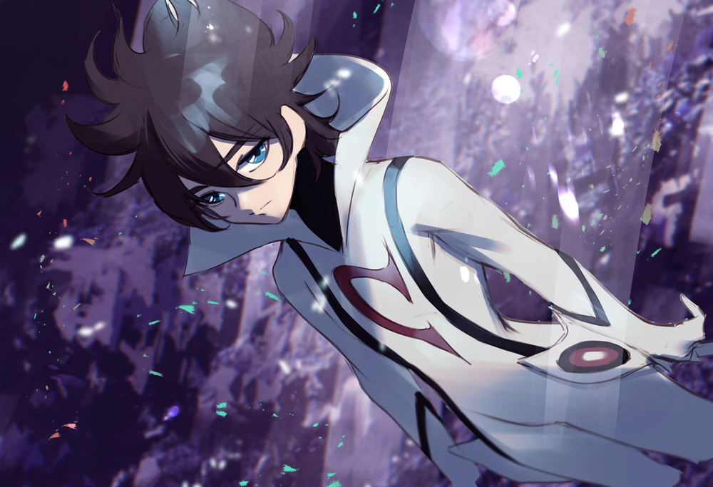 1boy abstract_background blue_eyes bodysuit brown_hair casshern casshern_(series) casshern_sins closed_mouth commentary_request cowboy_shot expressionless hair_between_eyes long_bangs looking_at_viewer male_focus popped_collar purple_background short_hair solo white_bodysuit yamagishi_chihiro
