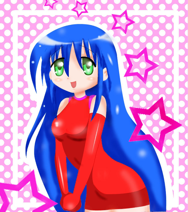00s 1girl artistic_error bad_anatomy blue_hair dress elbow_gloves female_focus gloves green_eyes izumi_kanata izumi_konata long_hair lucky_star poorly_drawn short_dress solo very_long_hair