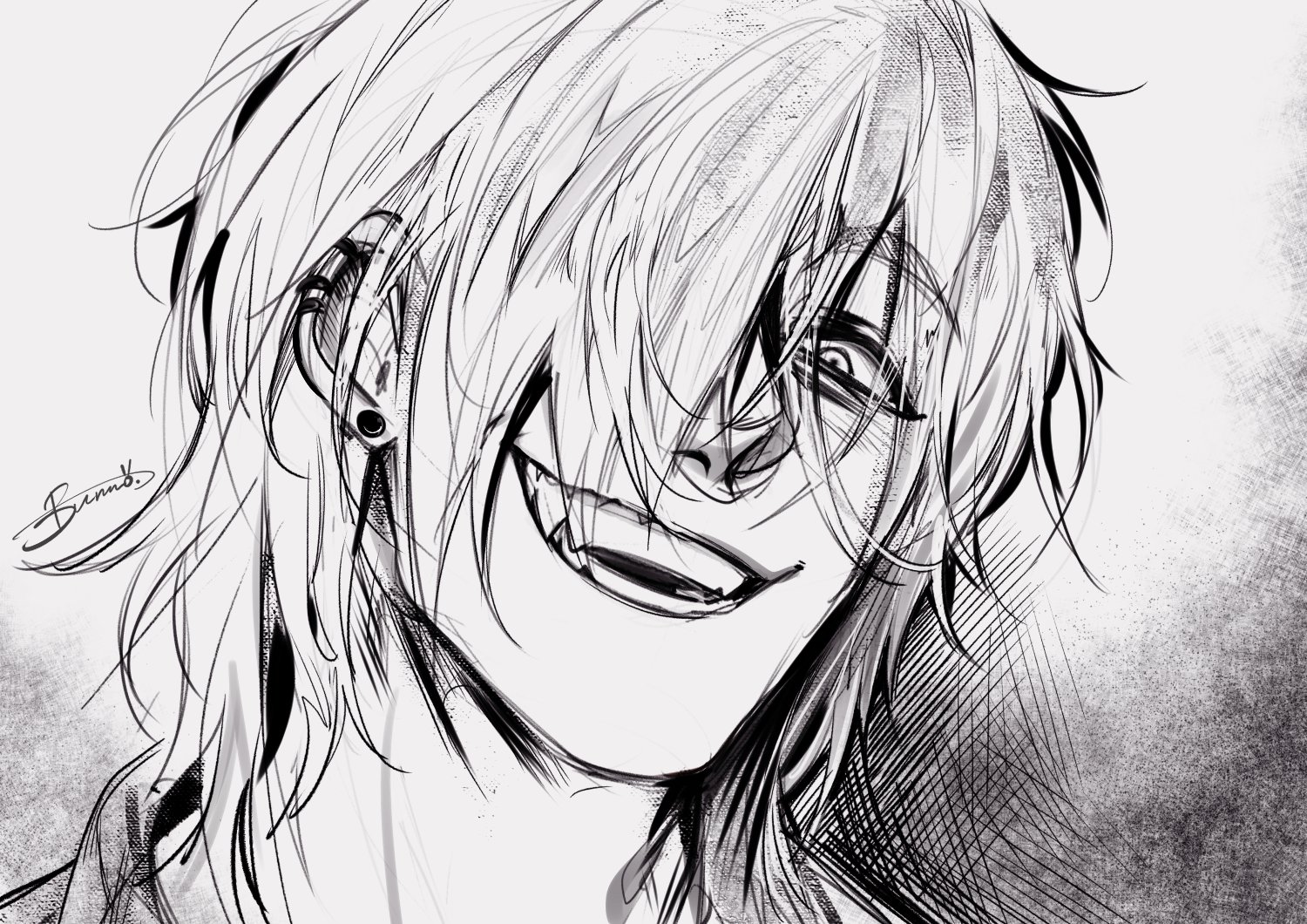1boy degrees_of_lewdity earrings greyscale hair_over_one_eye jewelry little_bunno looking_at_viewer male_focus monochrome open_mouth portrait signature solo whitney_(degrees_of_lewdity) whitney_(male)_(degrees_of_lewdity)