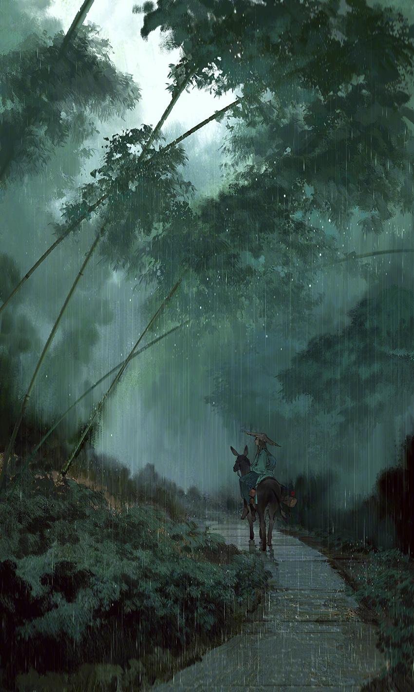 1girl bamboo bamboo_forest chinese_clothes chinese_commentary donkey forest green_hanfu green_theme hanfu hat highres horseback_riding ibuki_satsuki long_hair nature original outdoors overcast path rain rice_hat riding road sky solo