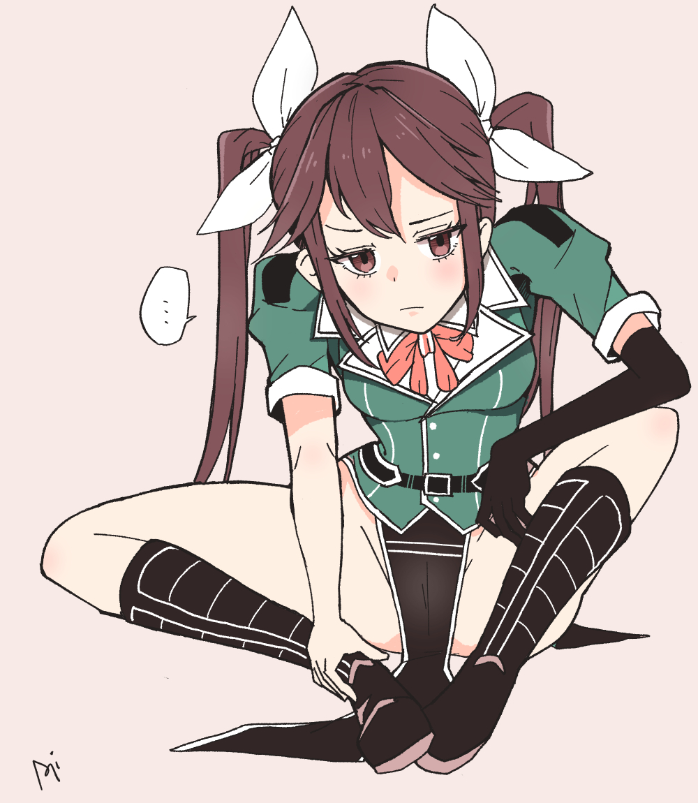 1girl black_footwear brown_eyes brown_hair elbow_gloves gloves green_shirt kantai_collection long_hair looking_at_viewer military_uniform pelvic_curtain ribbon shirt single_elbow_glove single_glove sitting solo speech_bubble tone_(kancolle) tsumikitsuki_(katsuobushi) twintails white_ribbon