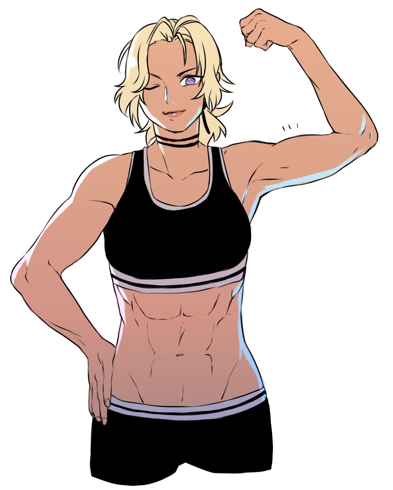 1girl abs black_sports_bra blonde_hair blue_eyes catherine_(fire_emblem) clenched_hand dark-skinned_female dark_skin fire_emblem fire_emblem:_three_houses flexing hand_on_own_hip highres muscular muscular_female nintendo one_eye_closed ponytail radiostarkiller simple_background smile solo sports_bra