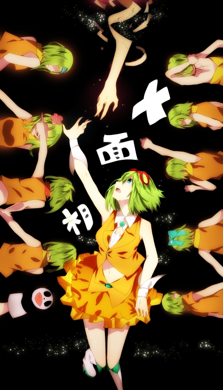 1girl female_focus goggles goggles_on_head green_eyes green_hair gumi juu_mensou_(vocaloid) matching_hair/eyes multiple_persona orange_skirt short_hair skirt solo tatsumi3 vocaloid