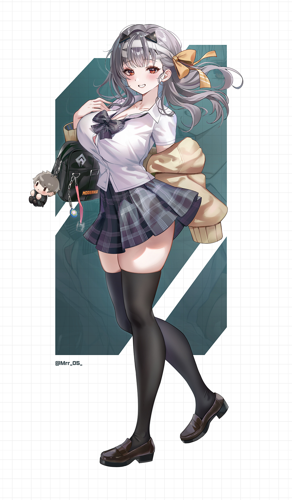 1girl alternate_costume black_bow black_bowtie black_shoes black_thighhighs bow bowtie breasts brown_sweater character_charm charm_(object) cleavage commander_(nikke) full_body goddess_of_victory:_nikke grey_hair grey_skirt hair_ribbon hairband highres large_breasts long_hair miniskirt modernia_(nikke) mrr_05 red_eyes ribbon school_uniform shirt shoes skirt solo sweater thighhighs thighs twitter_username two-tone_background white_hairband white_shirt zettai_ryouiki