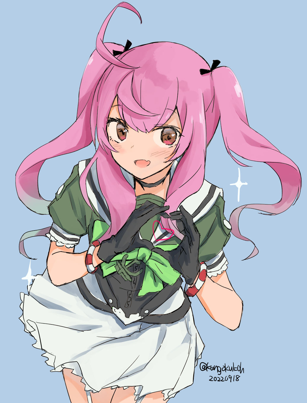 1girl ahoge black_gloves blush cowboy_shot dated gloves grey_background heart heart_hands highres kangoku_kou kantai_collection long_hair momo_(kancolle) one-hour_drawing_challenge open_mouth pink_hair red_eyes sailor_collar short_sleeves simple_background skirt smile solo twintails twitter_username white_sailor_collar white_skirt