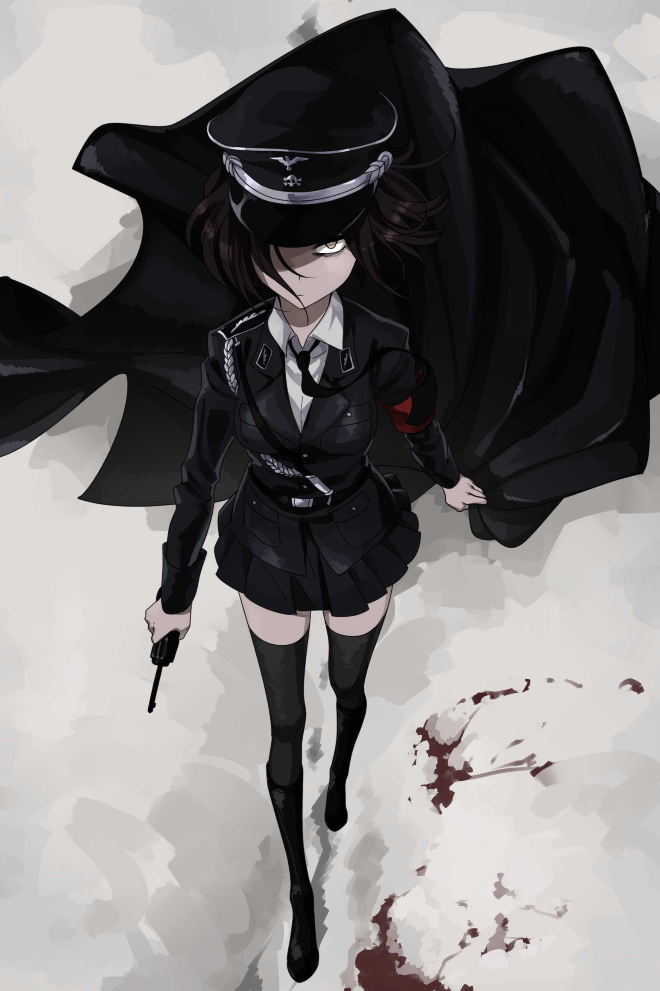 1girl absurdres aiguillette armband black_boots black_cape black_jacket black_necktie black_thighhighs blood blood_on_snow boots breasts brown_hair cape collar_tabs collared_shirt floating_hair floating_neckwear from_above frown german_army germany grey_aiguillette gun handgun hat hat_ornament highres holding holding_gun holding_unworn_cape holding_unworn_clothes holding_weapon insignia jacket kill-chan looking_at_viewer luger_p08 medium_breasts medium_hair military_dress_uniform military_jacket military_uniform nazi nazi_armband necktie one_eye_covered orange_eyes original peaked_cap red_armband reichsadler saki_(c_ybrbnby) shaded_face shirt skirt skull_and_crossbones skull_hat_ornament snow ss_insignia ss_uniform strap thighhighs totenkopf unworn_cape waffen-ss walking weapon white_shirt white_undershirt world_war_ii zettai_ryouiki