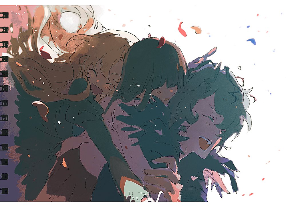 1boy 2girls ^_^ arms_around_waist blonde_hair blue_coat blue_hair blunt_bangs blush_stickers brown_hair closed_eyes coat collared_shirt domu_(hamadura) dress frilled_sleeves frills fur-trimmed_coat fur_trim garry_(ib) green_dress group_hug hair_lift hand_on_another&#039;s_arm hug hug_from_behind ib_(ib) ib_(kouri) juliet_sleeves long_hair long_sleeves mary_(ib) messy_hair multiple_girls open_mouth petals photo_(medium) puffy_sleeves red_skirt shirt short_hair skirt smile straight_hair teeth traditional_media upper_teeth_only white_shirt