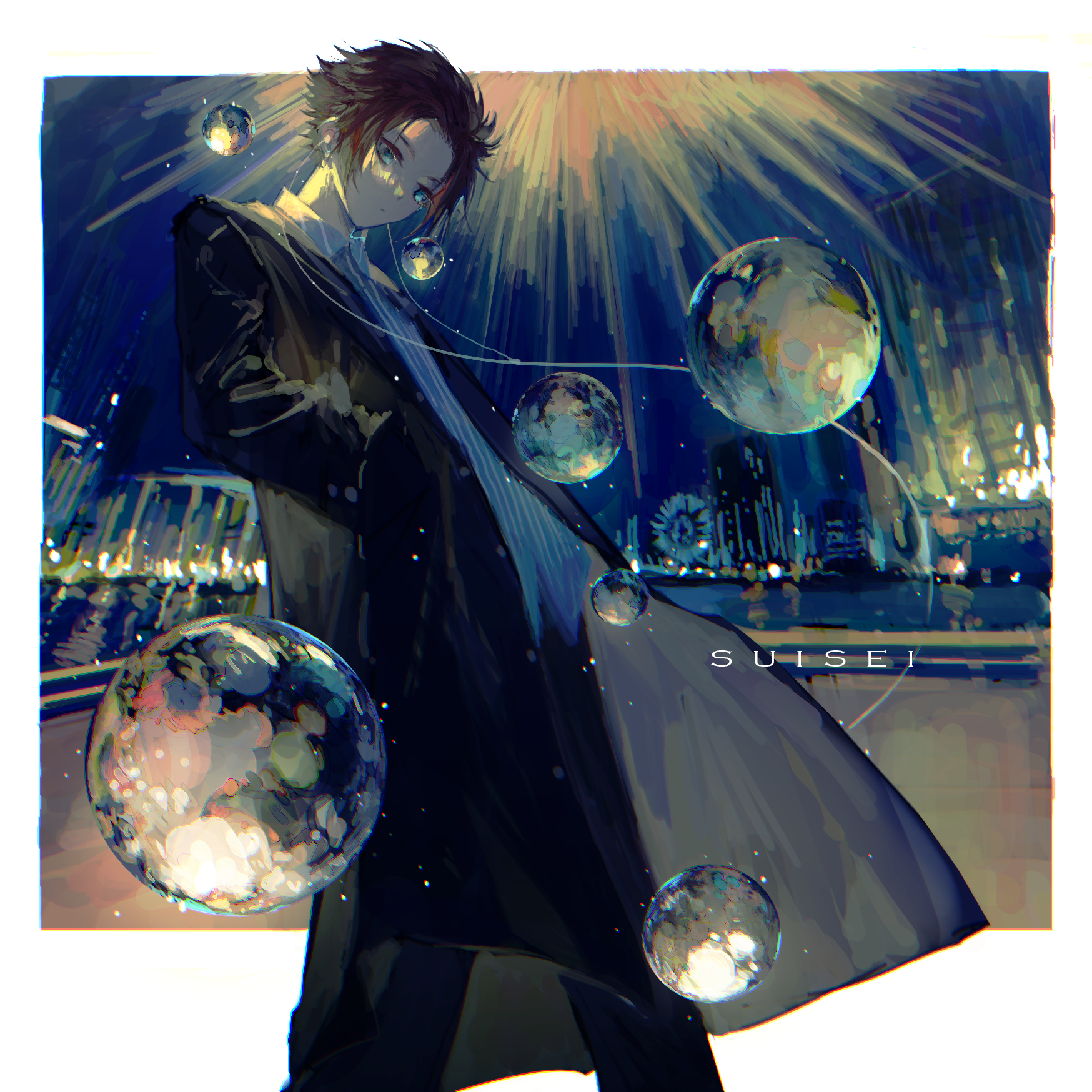 1boy black_pants blue_eyes blue_lock border building city_lights cityscape coat collared_shirt ferris_wheel from_side hand_in_pocket headphones highres itoshi_sae leaning_back light light_reflection_(water) looking_down male_focus night night_sky pants pool red_hair scenery shirt sky solo spiked_hair stairs standing striped_clothes striped_shirt vertical-striped_clothes vertical-striped_shirt water white_border yukinoneko