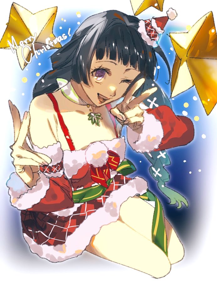 1girl black_hair christmas double_v dress fur-trimmed_dress fur_trim hat kohaku_hearts long_hair looking_at_viewer merry_christmas mikuroron one_eye_closed open_mouth purple_eyes santa_costume santa_dress smile solo tales_of_(series) tales_of_asteria tales_of_hearts v