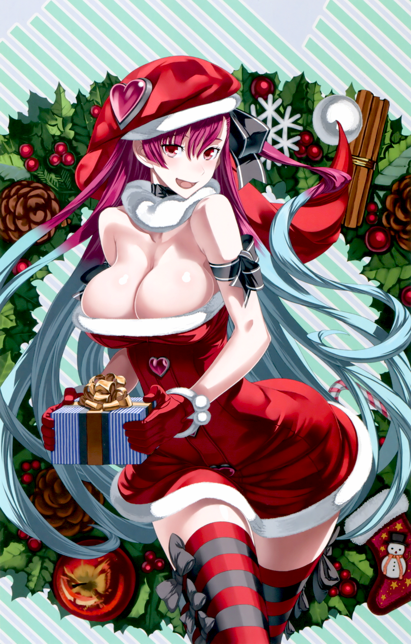 00s 10s 1girl apple bare_shoulders blush box breasts candy candy_cane cleavage cowboy_shot female_focus food fruit fur_trim gift gift_box gloves hat heart highres holly honjou_raita large_breasts long_hair mistletoe multicolored_hair official_art open_mouth pinecone pink_hair red_eyes ribbon riela_marcellis santa_costume santa_hat senjou_no_valkyria senjou_no_valkyria_(series) senjou_no_valkyria_3 silver_hair smile snowman solo striped_clothes striped_thighhighs thighhighs very_long_hair wide_hips wreath