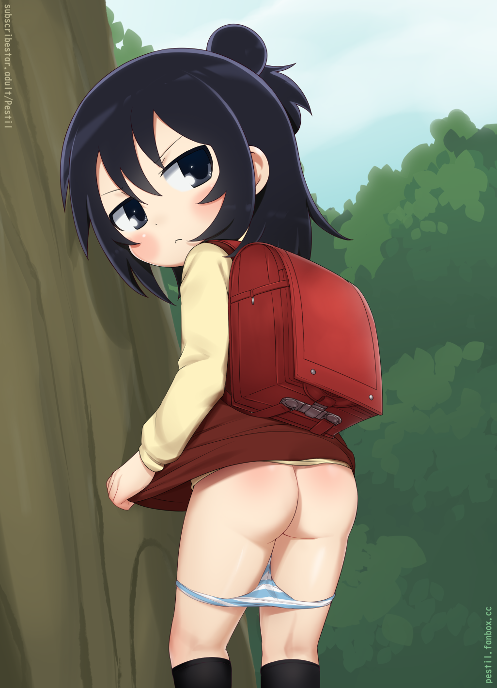 1girl ass backpack bag black_eyes black_hair black_socks blue_panties blush closed_mouth clothes_lift commentary cowboy_shot dress dress_lift fanbox_username from_behind hair_between_eyes hair_bun highres kneehighs lifting_own_clothes loli long_sleeves looking_at_viewer looking_back marui_hitoha medium_hair mitsudomoe_(manga) outdoors paid_reward_available panties panty_pull pestil randoseru red_bag red_dress short_dress socks solo standing striped_clothes striped_panties subscribestar_username tree underwear v-shaped_eyebrows watermark web_address