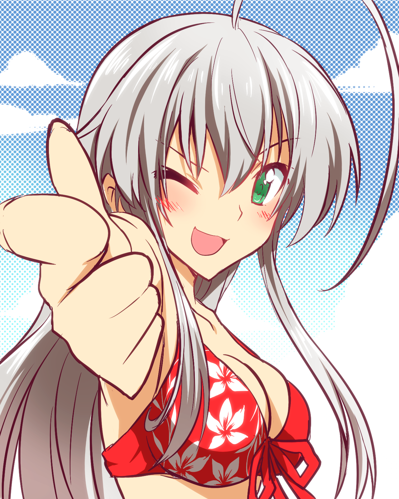 1girl ;d ahoge bikini blush breasts cleavage commentary_request foreshortening front-tie_bikini_top front-tie_top green_eyes grey_hair hair_between_eyes haiyore!_nyaruko-san happy highres huge_ahoge index_finger_raised large_breasts long_hair looking_at_viewer nyarlathotep_(nyaruko-san) one_eye_closed open_mouth pointing pointing_at_viewer polka_dot polka_dot_background red_bikini sidelocks simple_background smile solo spiked_hair swimsuit upper_body v-shaped_eyebrows yuto_(dialique)