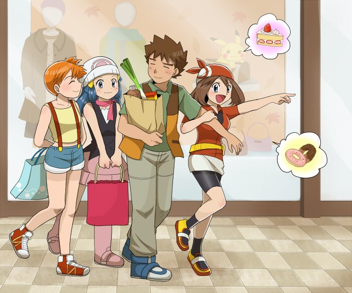 1boy 3girls bandana blue_eyes blue_hair blush breasts brock_(pokemon) brown_hair dawn_(pokemon) denim denim_shorts gintarou_(puipuiginta) green_eyes may_(pokemon) medium_breasts misty_(pokemon) multiple_girls nintendo one_eye_closed open_mouth orange_hair pokemon pokemon_(anime) pokemon_(classic_anime) pokemon_dppt_(anime) pokemon_rse_(anime) shirt short_shorts shorts small_breasts smile standing suspenders tank_top v wink yellow_shirt