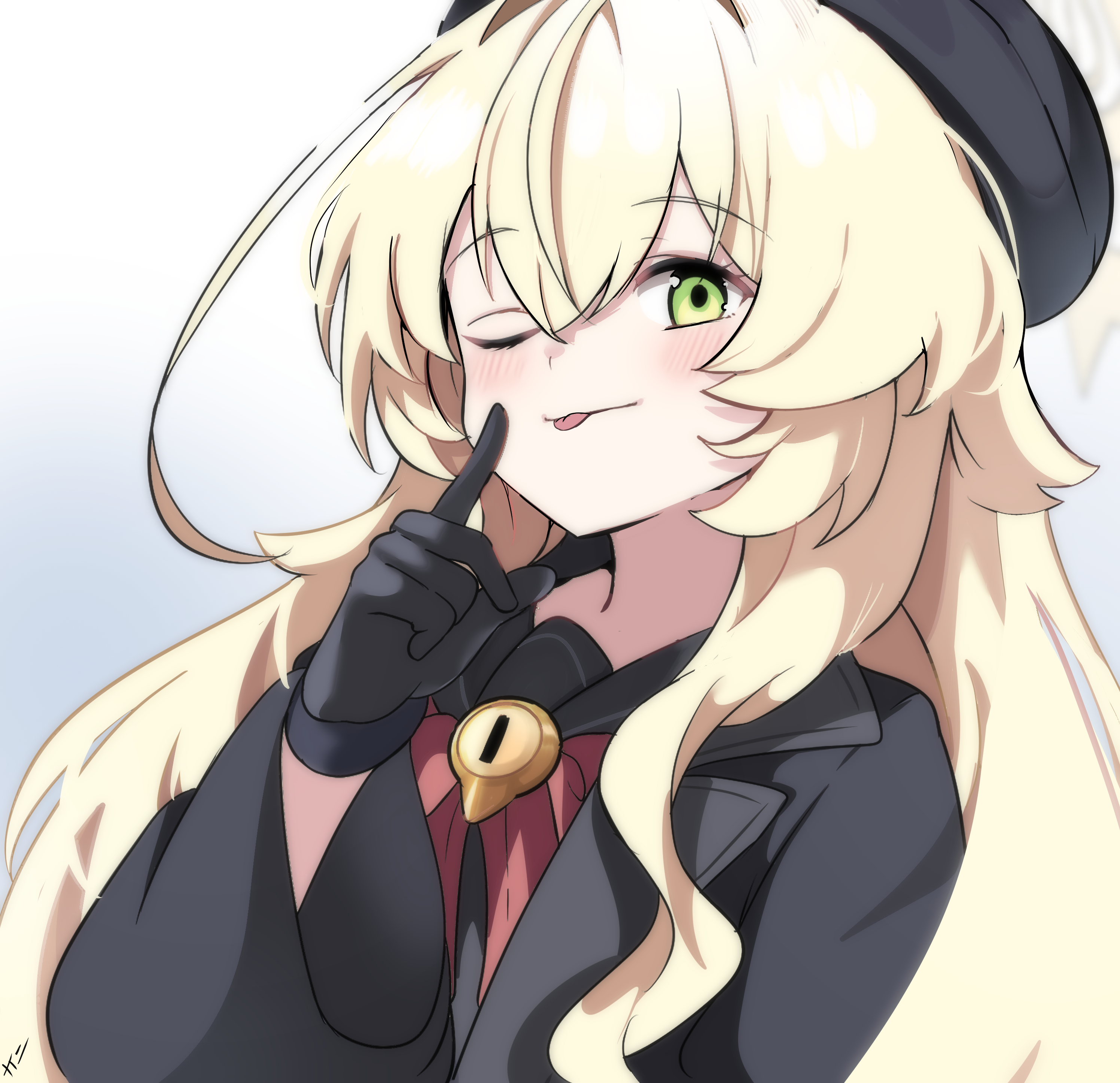 1girl absurdres black_gloves blonde_hair blue_archive gloves green_eyes halo hat highres long_hair one_eye_closed professor_niyaniya_(blue_archive) saabyboi solo tongue tongue_out
