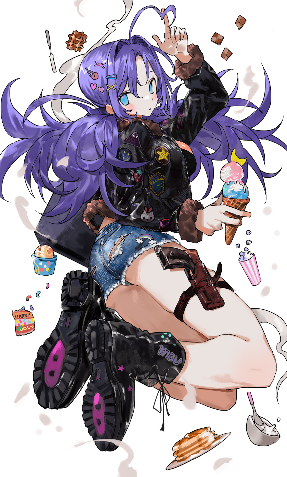 1girl ahoge ass black_boots black_jacket black_shirt blue_eyes blush boots breasts butter_knife cake_batter commentary cropped_jacket food full_body fur-trimmed_jacket fur_trim gun hair_between_eyes hair_ornament hair_scrunchie heart heart_hair_ornament highres holding holding_food holding_ice_cream holster ice_cream index_finger_raised jacket large_breasts looking_at_viewer muffin nana_tetra no_pupils open_mouth original pancake popcorn print_boots print_jacket purple_hair rainbow_print scrunchie shirt short_shorts shorts sideboob simple_background skindentation solo star_(symbol) star_print sweets symbol-only_commentary thigh_holster thigh_strap torn_clothes torn_shorts waffle weapon white_background x_hair_ornament