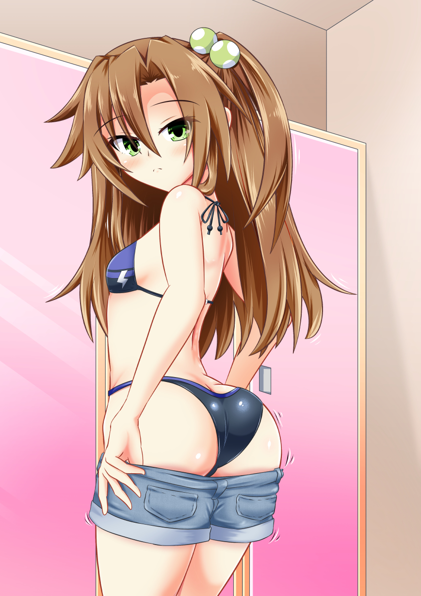 1girl ass bare_shoulders bikini blush breasts brown_hair butt_crack choujigen_game_neptune compile_heart dressing embarrassed from_behind green_eyes hair_bobbles hair_ornament highres idea_factory if_(neptunia) jiggle kyou_(hibikit) long_hair looking_at_viewer neptune_(series) open_mouth shiny_clothes shiny_skin short_shorts shorts sideboob small_breasts solo swimsuit very_long_hair
