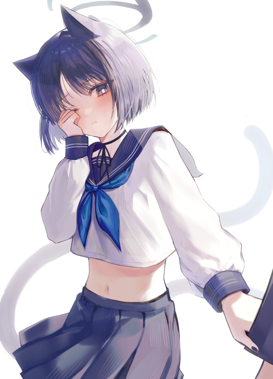 1girl 1other animal_ears black_eyes black_halo black_nails black_ribbon blue_archive blue_neckerchief blue_sailor_collar blue_skirt blush bright_pupils cat_ears cat_tail choppy_bangs closed_mouth commentary_request cowboy_shot crop_top crop_top_overhang cropped_shirt floating_clothes grabbing_another&#039;s_arm halo hand_on_own_face hand_up heppe highres kikyou_(blue_archive) light_frown long_sleeves looking_at_another midriff nail_polish navel neck_ribbon neckerchief one_eye_closed outstretched_arm parted_bangs pleated_skirt purple_hair reaching reaching_towards_another ribbon rubbing_eyes sailor_collar school_uniform serafuku shirt short_hair simple_background skirt solo tail white_background white_pupils white_shirt