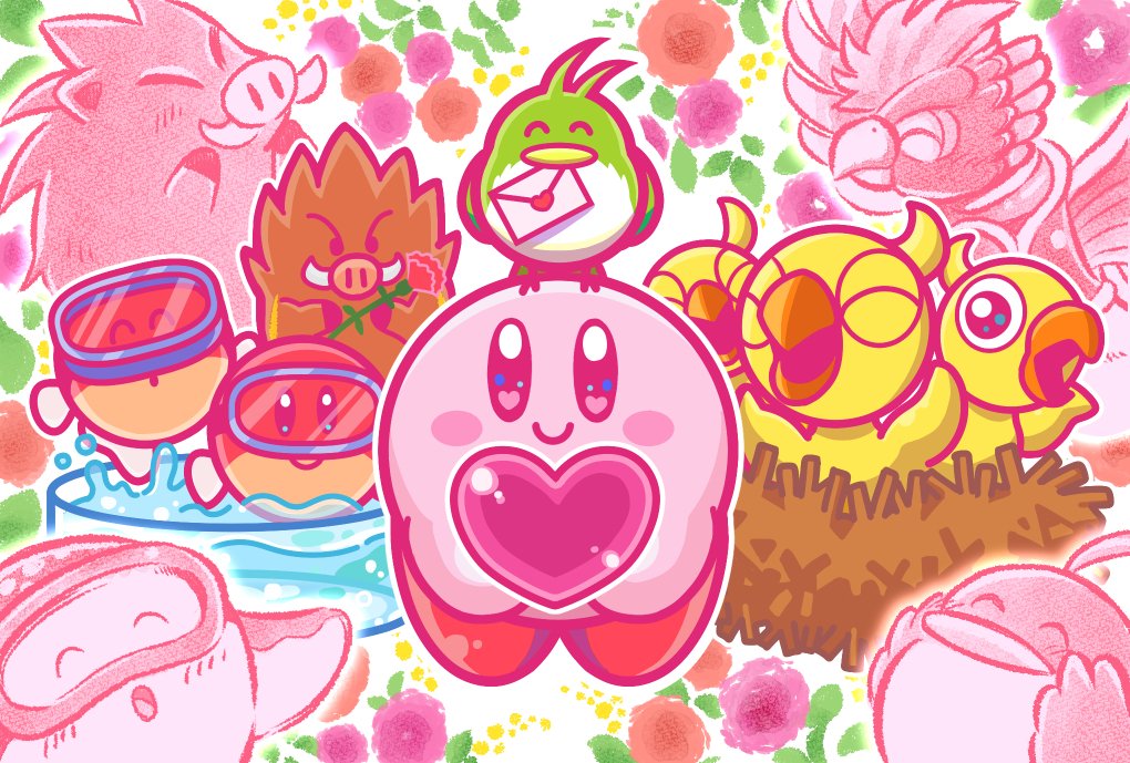 bird blipper chick commentary_request dyna_blade dyna_chick flower gift giving goggles heart kirby kirby_(series) letter looking_at_viewer love_letter mamanti mother&#039;s_day mother_and_son nelly_(kirby) nest nintendo no_humans nruff official_art outline pitch_(kirby) pitch_mama rose smile white_outline