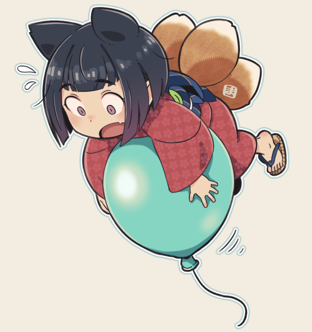 1girl animal_ears balloon black_hair blush brown_hair brown_sandals commentary_request fang flying_sweatdrops fox_ears fox_girl fox_tail gradient_hair grey_background japanese_clothes kimono kitsune kukuri_(mawaru) long_sleeves mawaru_(mawaru) motion_lines multicolored_hair obi open_mouth original outline purple_eyes red_kimono sandals sash simple_background solo tail white_outline wide-eyed wide_sleeves zouri