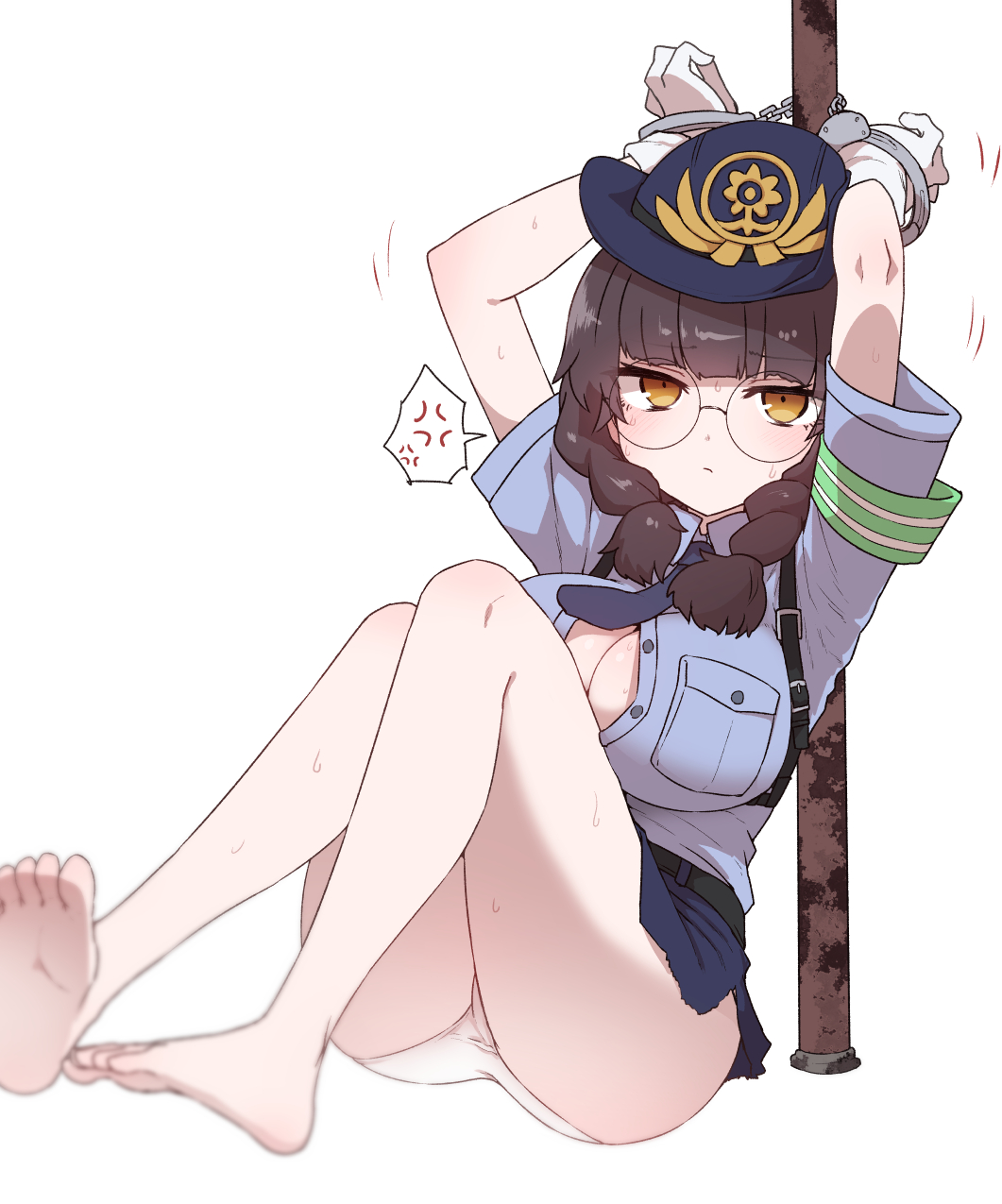 1girl barefoot black_survival blue_hat blue_shirt braid breasts brown_hair eternal_return:_black_survival glasses hat highres large_breasts legs looking_at_viewer official_alternate_costume police police_uniform policewoman restrained round_eyewear shirt simple_background solo sumiyao_(amam) suzuki_aya suzuki_aya_(on-duty) thighs toes twin_braids white_background
