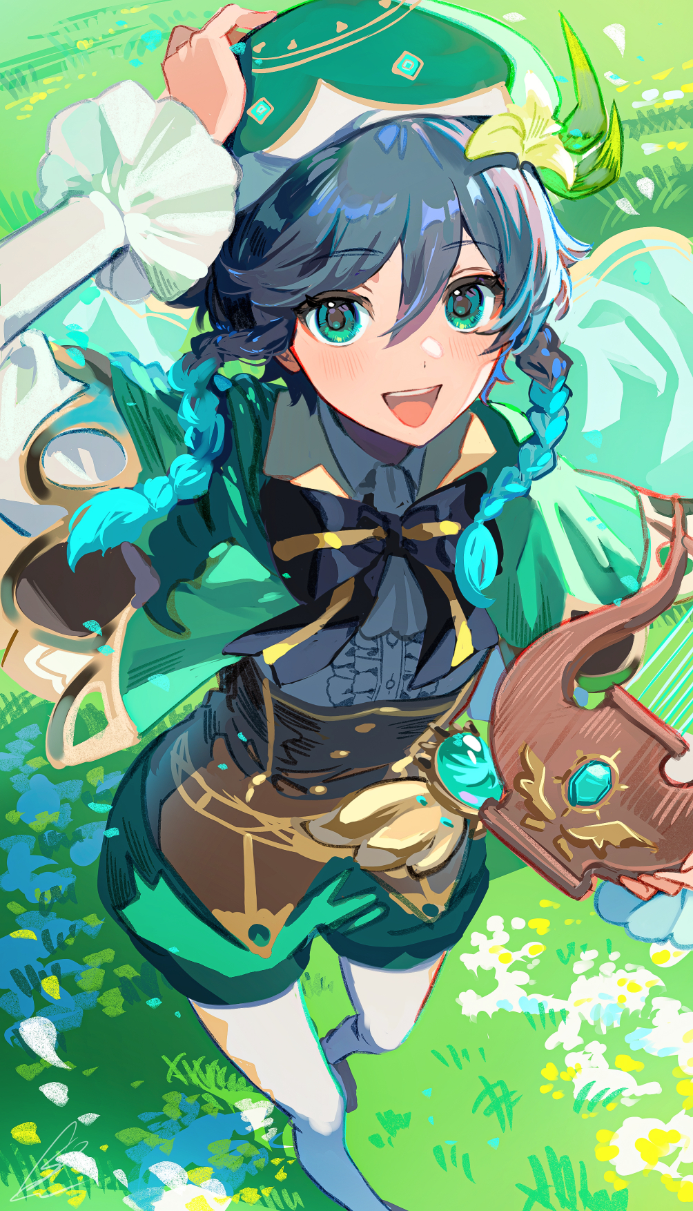 1boy :d androgynous bard beret black_hair blue_hair braid cape collared_cape corset flower genshin_impact gradient_hair green_cape green_eyes green_hat green_shorts hair_ornament hat hat_flower highres instrument long_sleeves looking_at_viewer lyre male_focus multicolored_hair multiple_boys open_mouth shibuki_kamone shirt short_hair_with_long_locks shorts side_braids smile solo twin_braids venti_(genshin_impact)