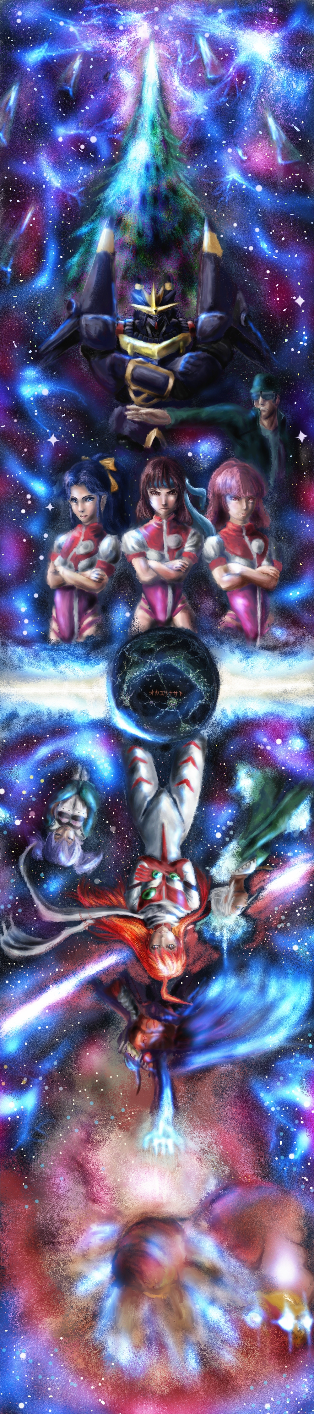 00s 1boy 6+girls absurdres amano_kazumi bandana blue_eyes blue_hair brown_eyes brown_hair buster_machine_7 crossed_arms dix-neuf earth_(planet) everyone fetal_position gunbuster gunbuster_pose highres jung_freud lal&#039;c_mellk_mal leotard light_purple_hair long_image mecha multiple_girls omaehasaigoni oota_kouichirou orange_hair planet ponytail red_eyes robot rotational_symmetry scarf short_hair spoilers sunglasses symbol-shaped_pupils takaya_noriko tall_image top_wo_nerae! top_wo_nerae!_(series) top_wo_nerae_2! twintails tycho_science white_hair
