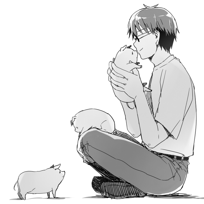 1boy animal animal_on_leg crossed_legs doudoude_dou from_side gin_no_saji glasses hachiken_yuugo holding holding_animal light_smile monochrome pig short_hair short_sleeves simple_background white_background